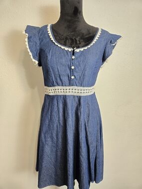 Blue Denim Lace-Trim Fit & Flare Dress Beauty And The Beast Medium